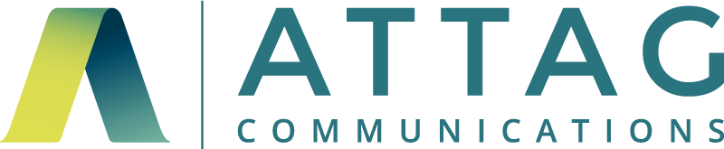 Das Attag-Logo, ein großes A mit einem Farbverlauf von Gelb zu Grün und einem großen Schriftzug: ATTAG Communications rechts daneben.